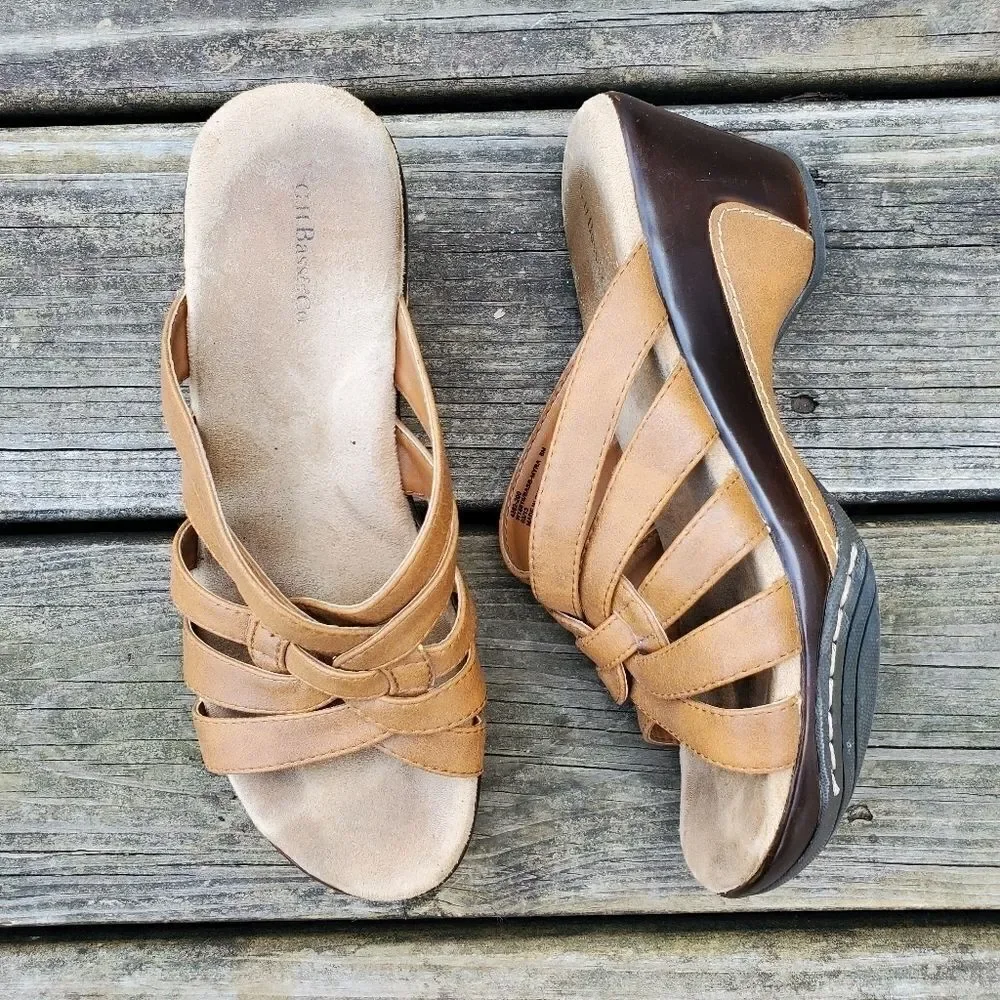 G. H Bass & Co Myra Camel Tan Leather Strappy Woven Caged Slide Wedge Sandals 8‎